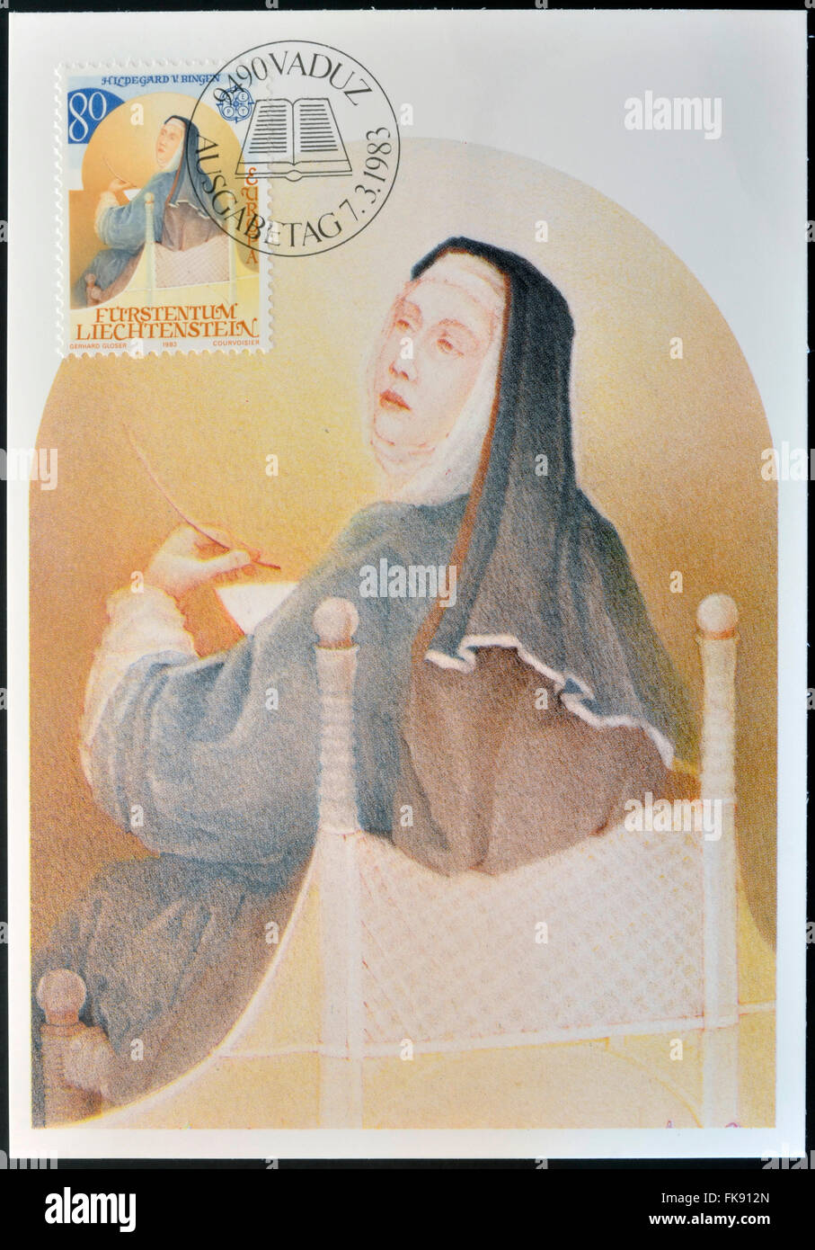LIECHTENSTEIN - CIRCA 1983: A stamp printed in Liechtenstein shows Hildegard of Bingen, circa 1983 Stock Photo