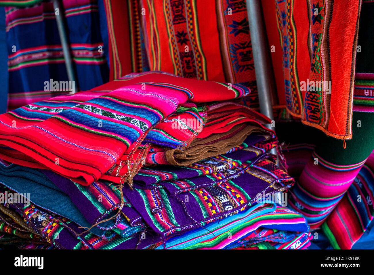Sale of quilts at the fair of typical Bolivian products Stock Photo