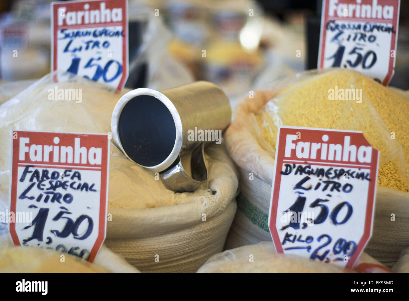 Flour waterline and other types of cassava flour sale at market Ver-o-Peso Stock Photo