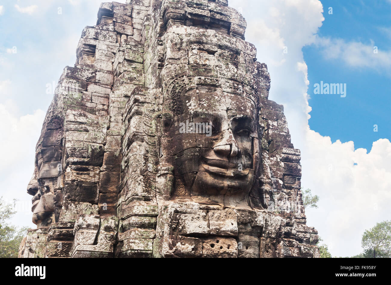 Faces of Bayon temple in Angkor Thom, Siemreap, Cambodia. Stock Photo