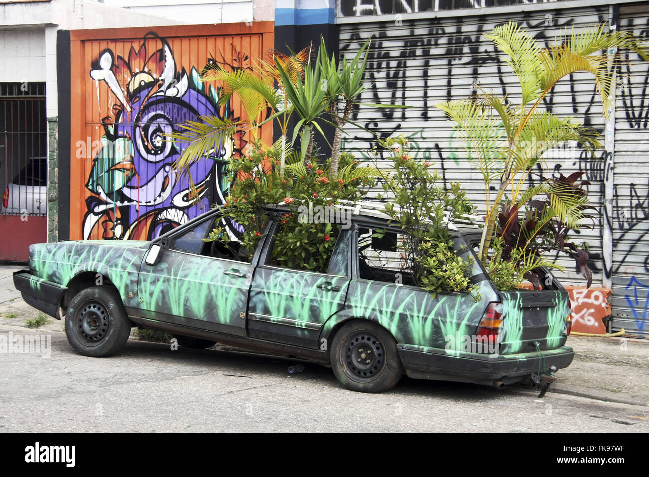 Art installation - Green Car - exposed on street Padre Joao Goncalves - neighborhood of Vila Madalena Stock Photo