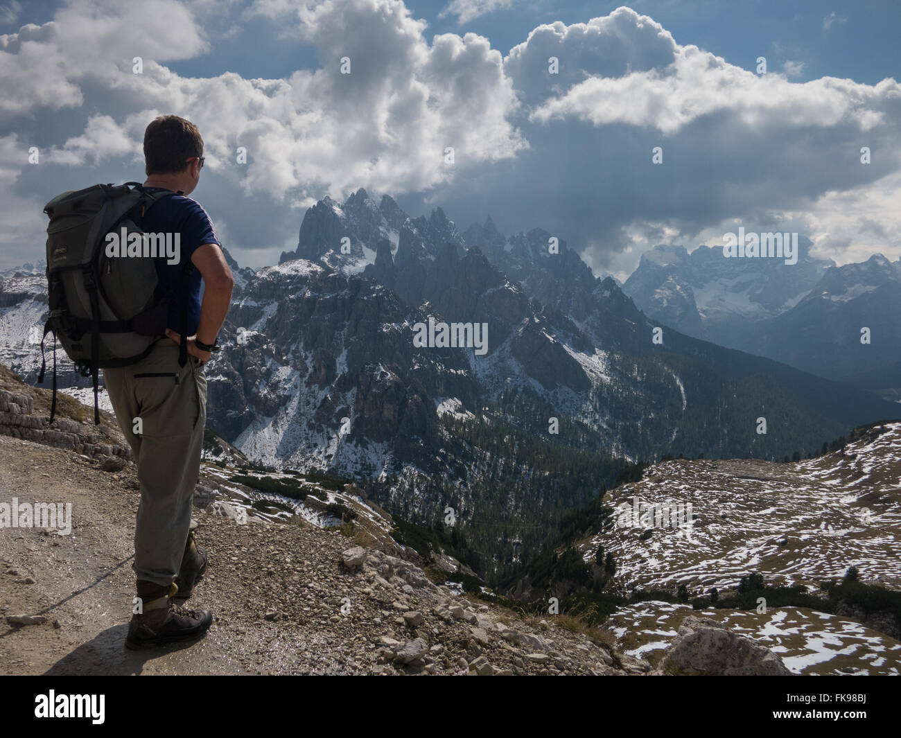 Trekking on the Tre Cime circuit, Dolomite Mountains,  Belluno Province, Veneto, Italy Stock Photo