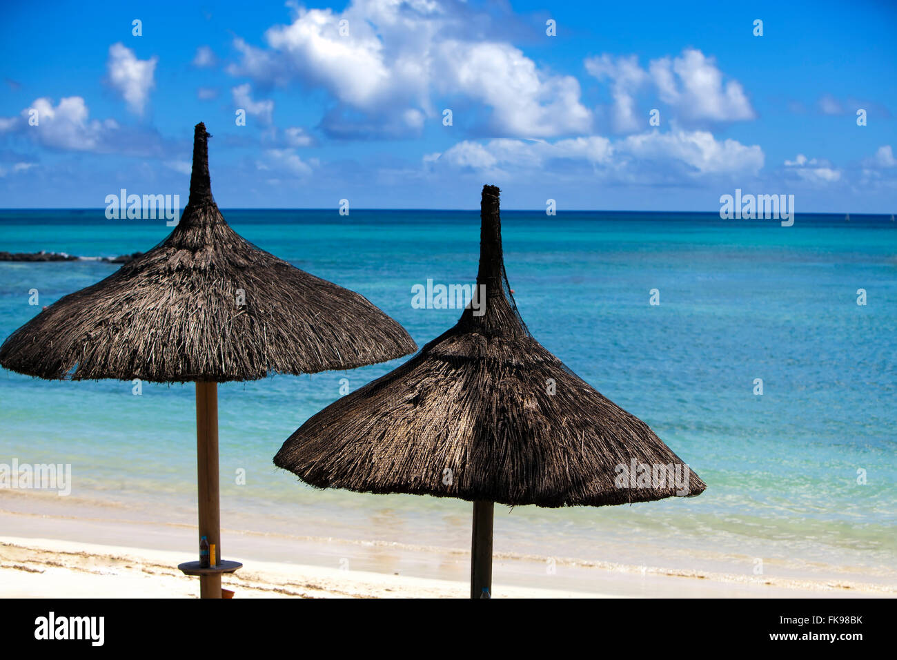 Sun protection umbrellas, beach, sea Stock Photo