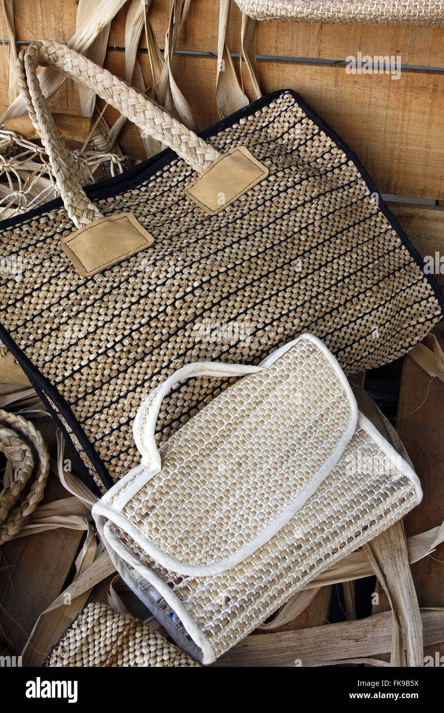 Bags produced in the town of banana fiber Itaquiraa Stock Photo