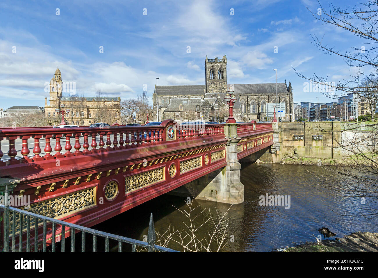 Paisley Abbey in Paisley Renfrewshire Scotland with Abbey Bridge in the