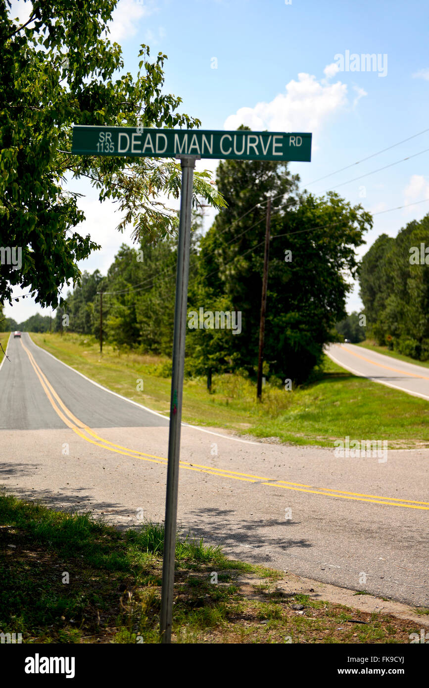 Dead Man Curve Road Sign, Moore County North Carolina Stock Photo