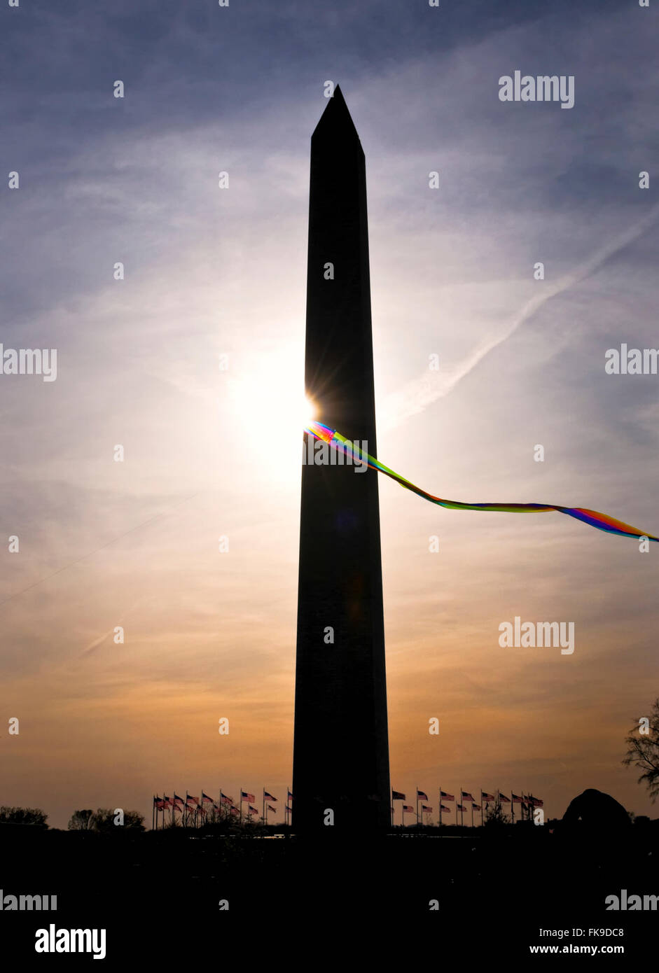 Washington Monument silhouette during the National Kite Festival. Stock Photo
