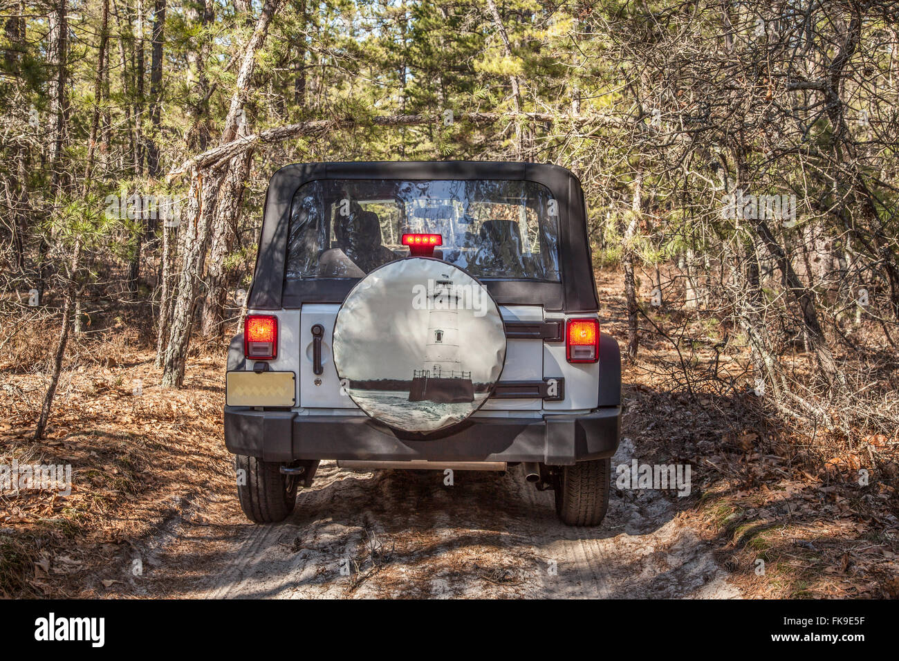 A Jeep riding through the back roads in Wharton State Park, NJ. Stock Photo