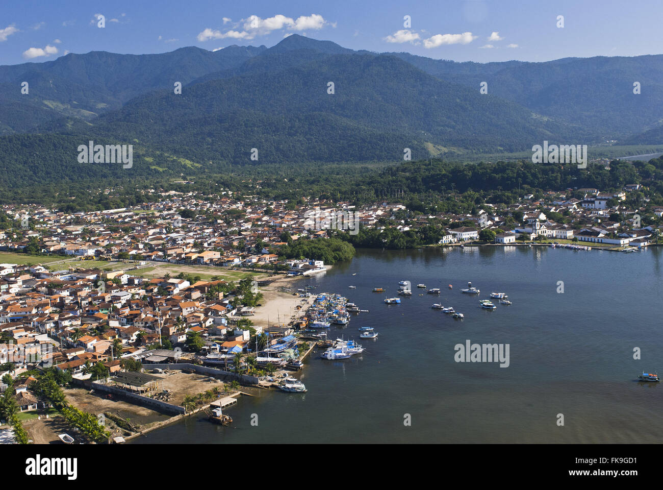 Boats in the harbor of Paraty and historic city center direct - Serra do Mar to the bottom Stock Photo