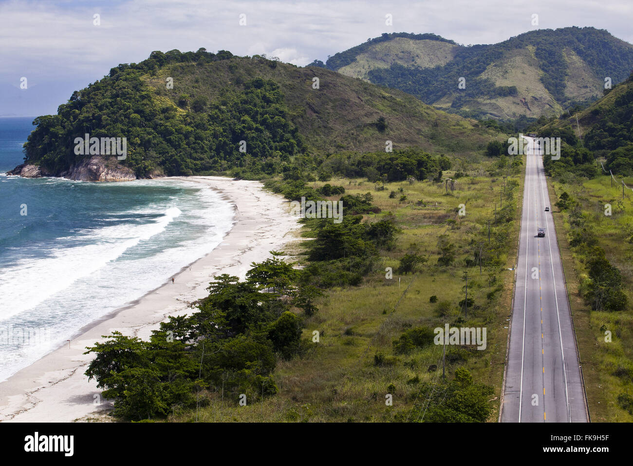 Aerial view of beach in Coconut Mambucaba and BR-101 Rio-Santos highway Stock Photo