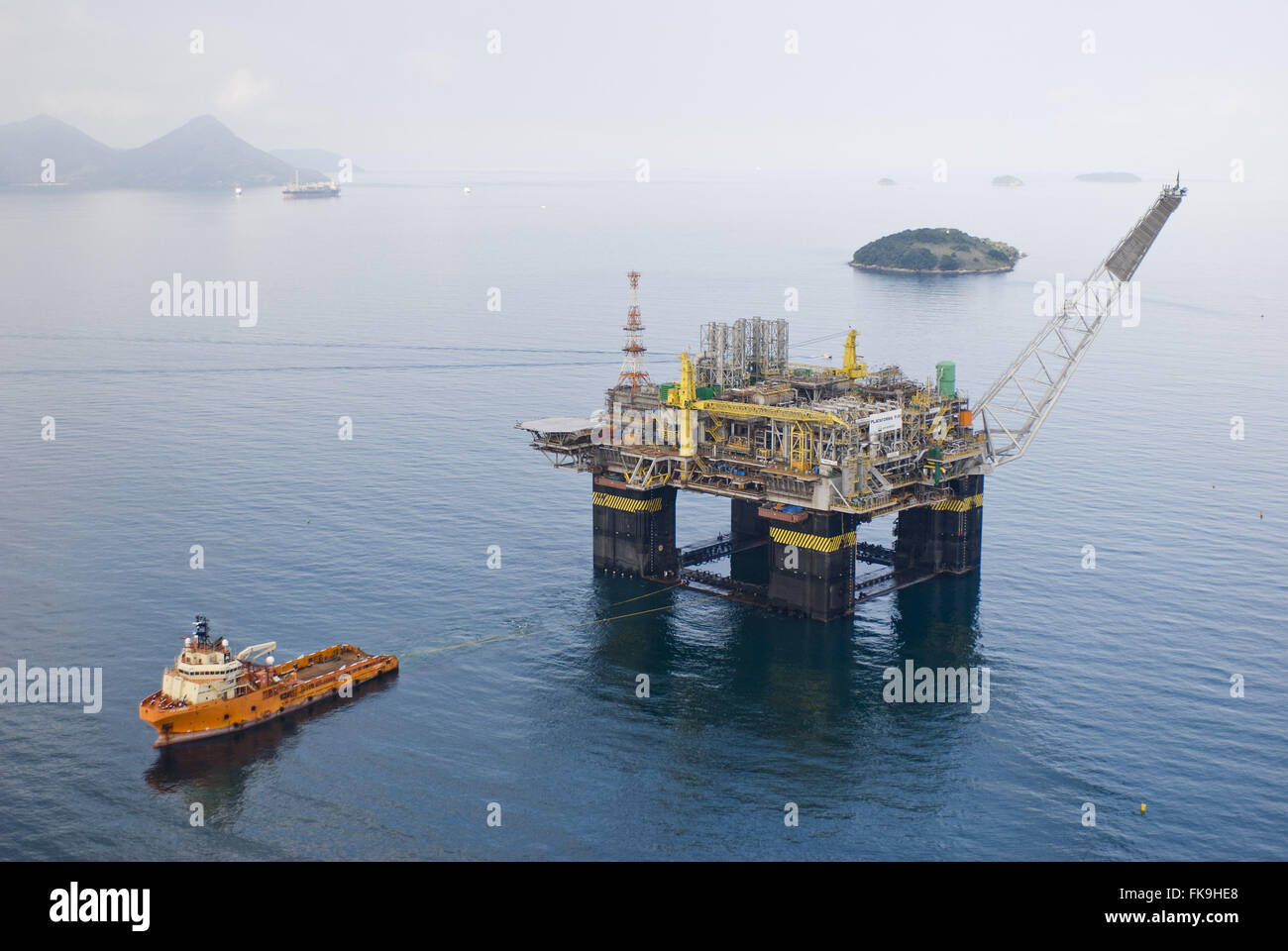 Aerial view of oil platform in the Bay of Ilha Grande Stock Photo