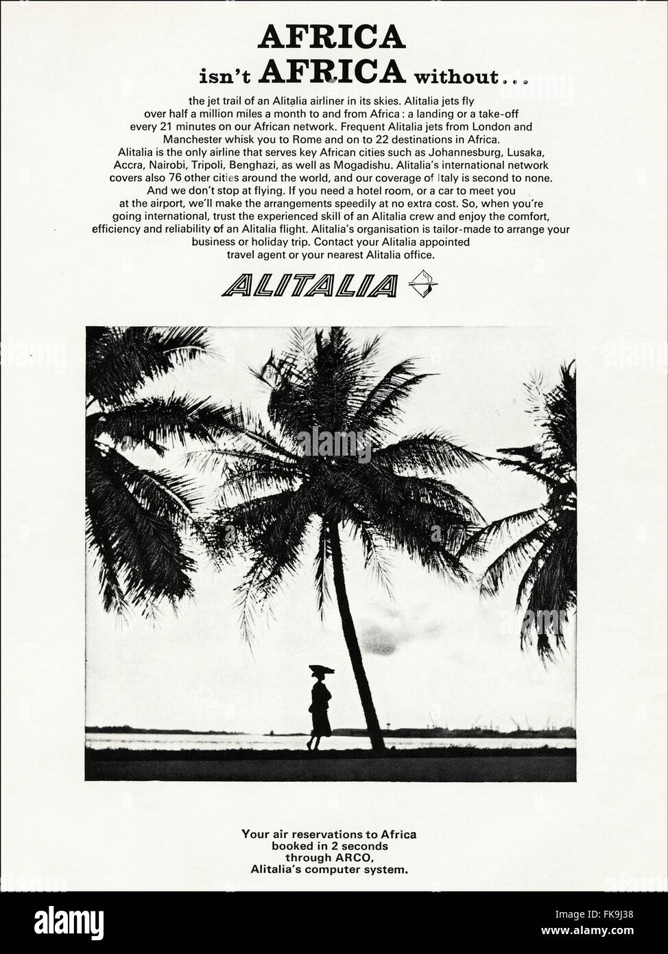 Original vintage full page advert from 1960s. Advertisement dated 1969 advertising ALITALIA airline flying to Africa Stock Photo