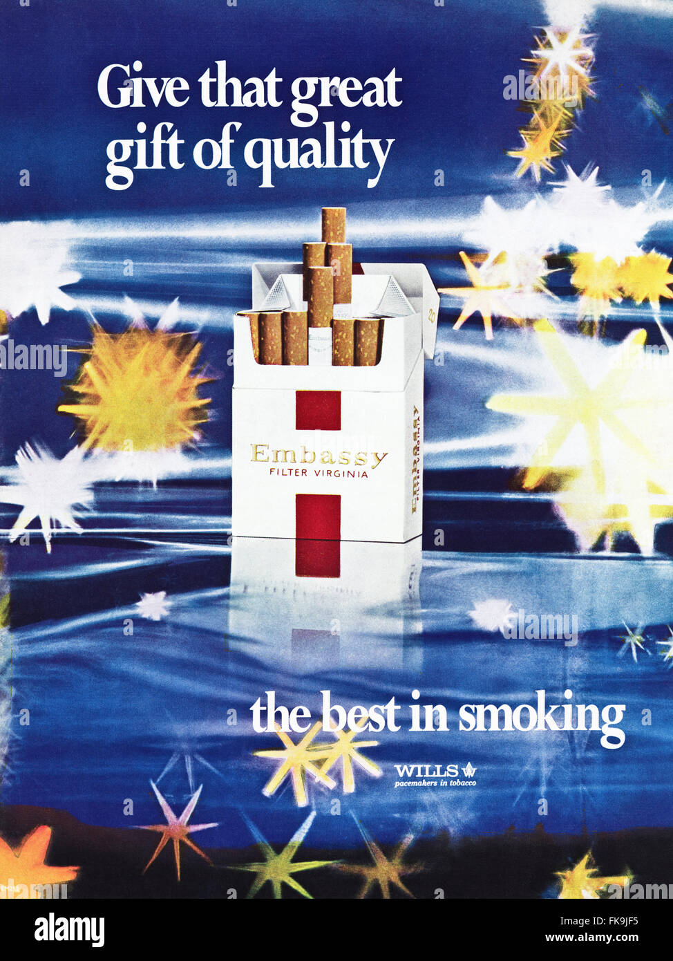 Original vintage full page colour advert from 1960s. Advertisement dated 1969 advertising EMBASSY filter cigarettes by WILLS. Stock Photo