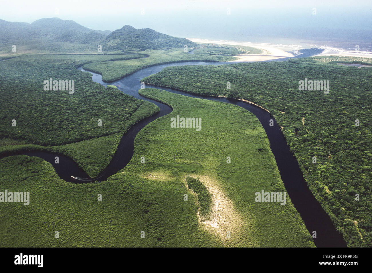 Aerial view of Barra do Una beach with the background - Ecological Station of Jureia-Itatins Stock Photo
