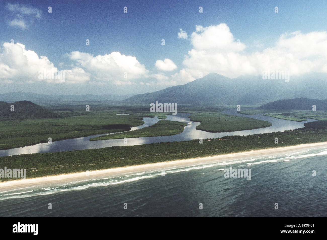 Vegetation of dunes at the beach and Maruja Lagamar channels - Parque Estadual da Ilha do Cardoso Stock Photo