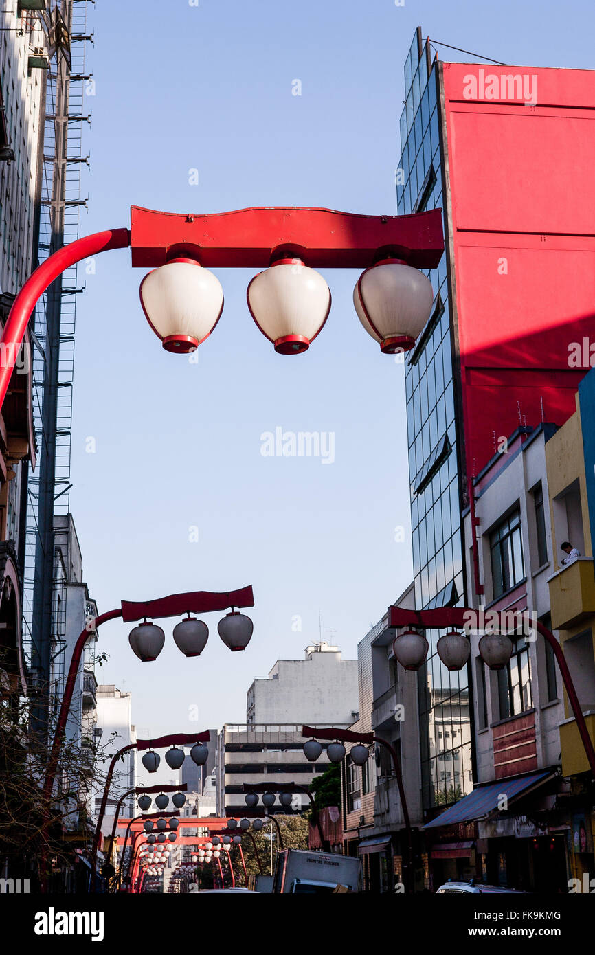 Luminaires in Japanese style in Street Galvao Bueno - Liberty neighborhood - downtown Stock Photo