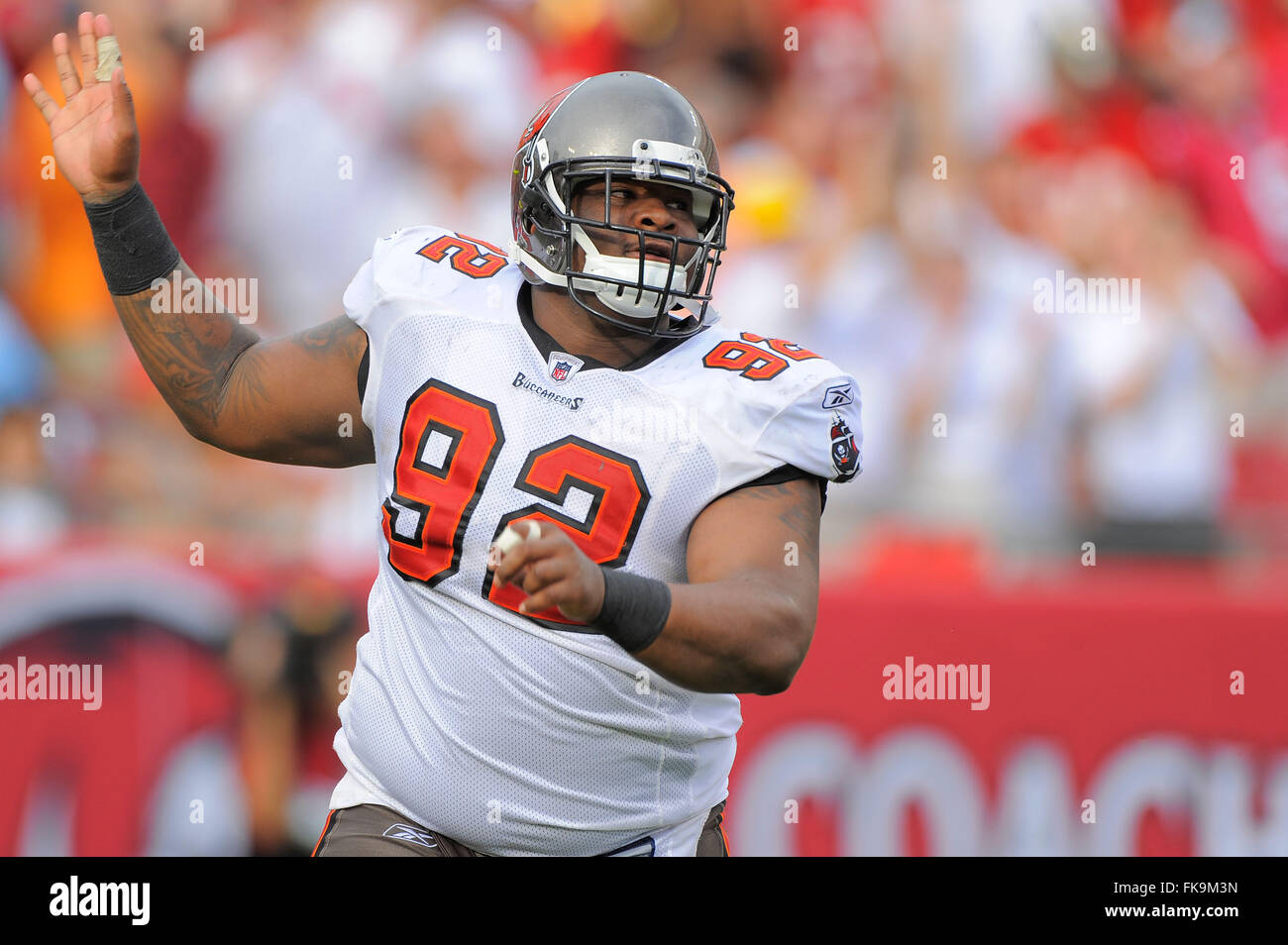 Tampa, FL, USA. 25th Sep, 2011. Tampa Bay Buccaneers defensive tackle Brian  Price (92) during the Bucs game against the Atlanta Falcons at Raymond  James Stadium on Sept. 25, 2011 in Tampa