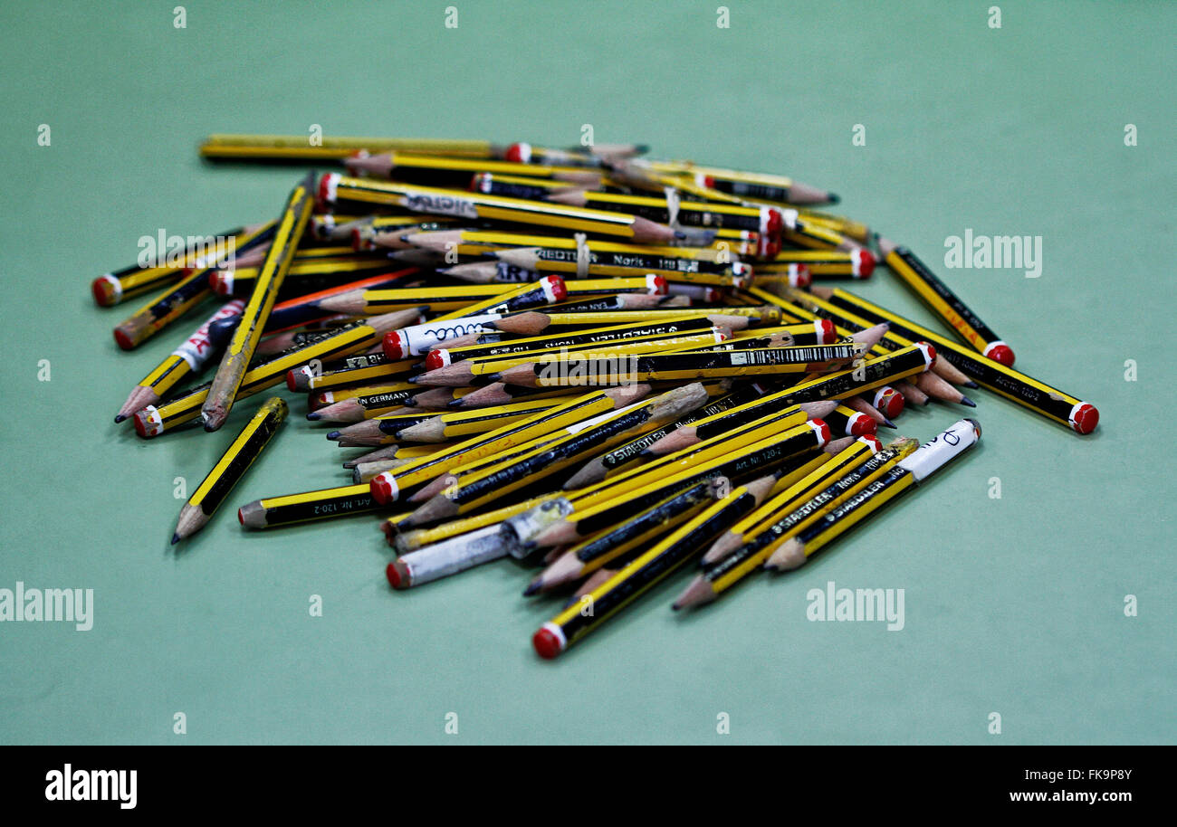 Pile of Pencils over a table on a school in the spanish island of mallorca Stock Photo