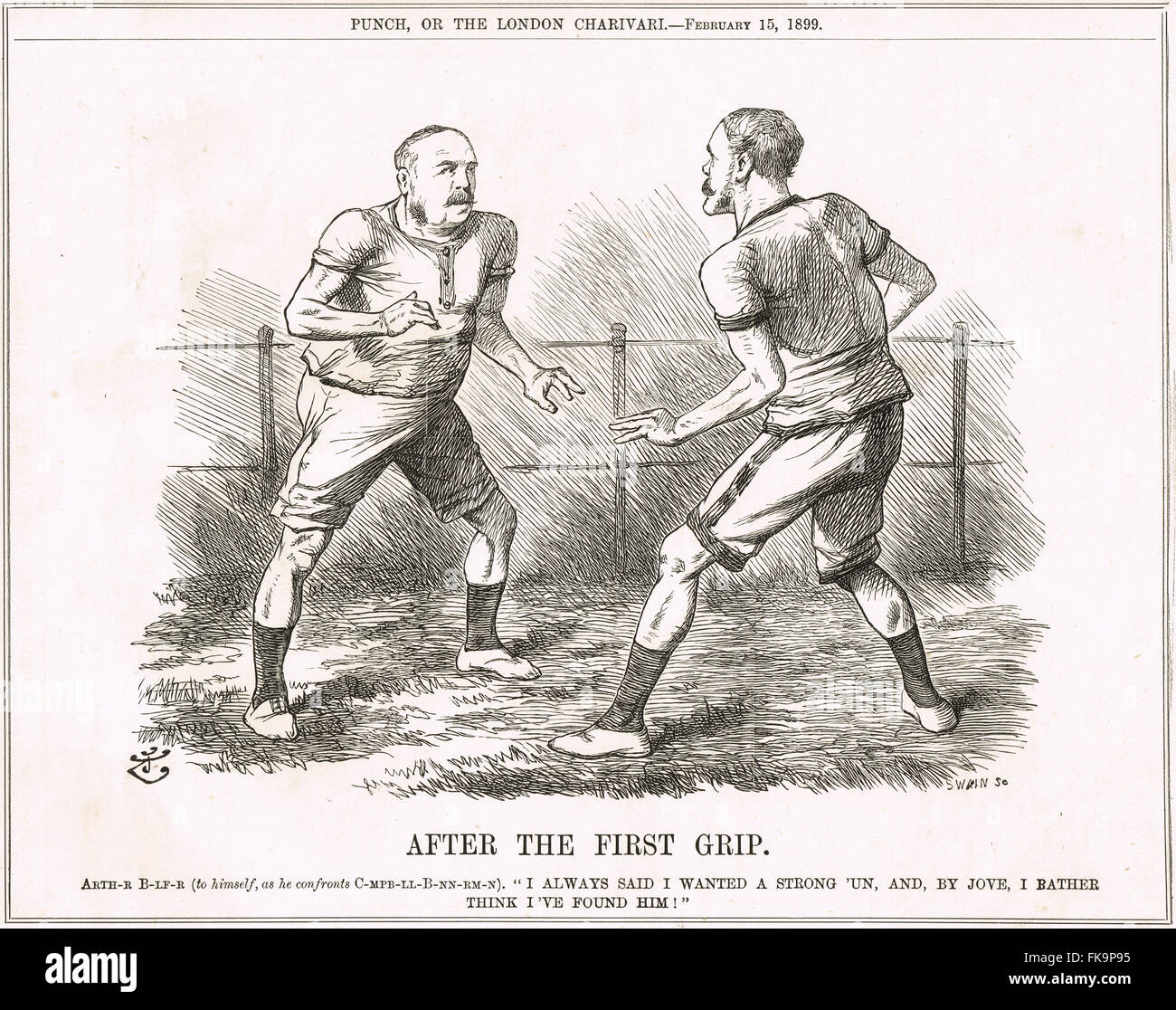 Arthur Balfour & Henry Campbell-Bannerman wrestling. John Tenniel Punch cartoon 1899 Stock Photo