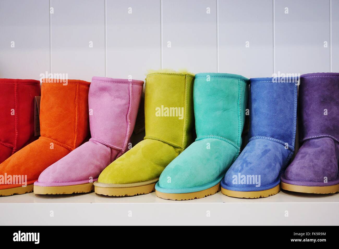 Warm, fuzzy sheepskin Australian boots in many colors Stock Photo