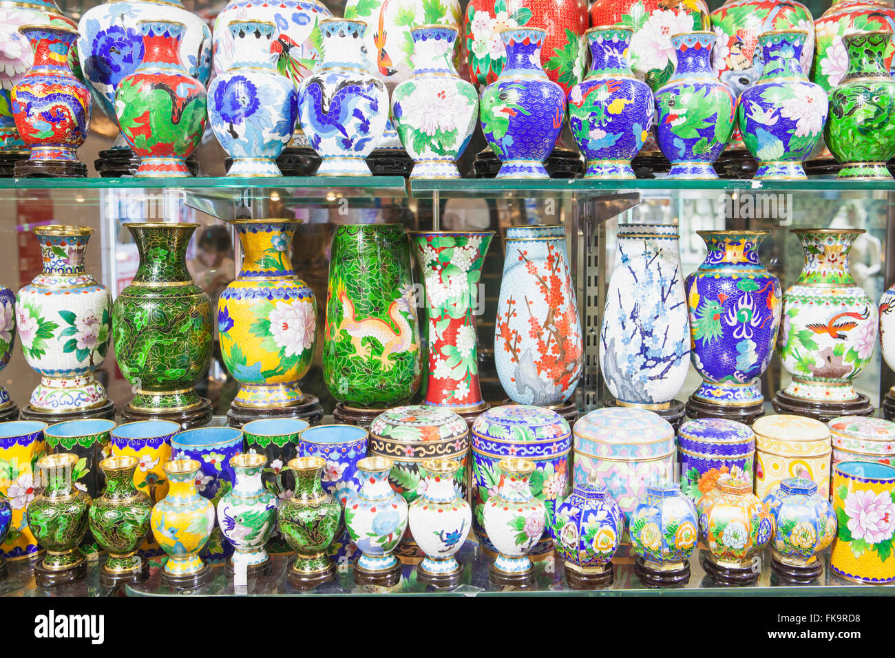 cloisonne jars and vases in a shopping mall, Beijing, China Stock Photo