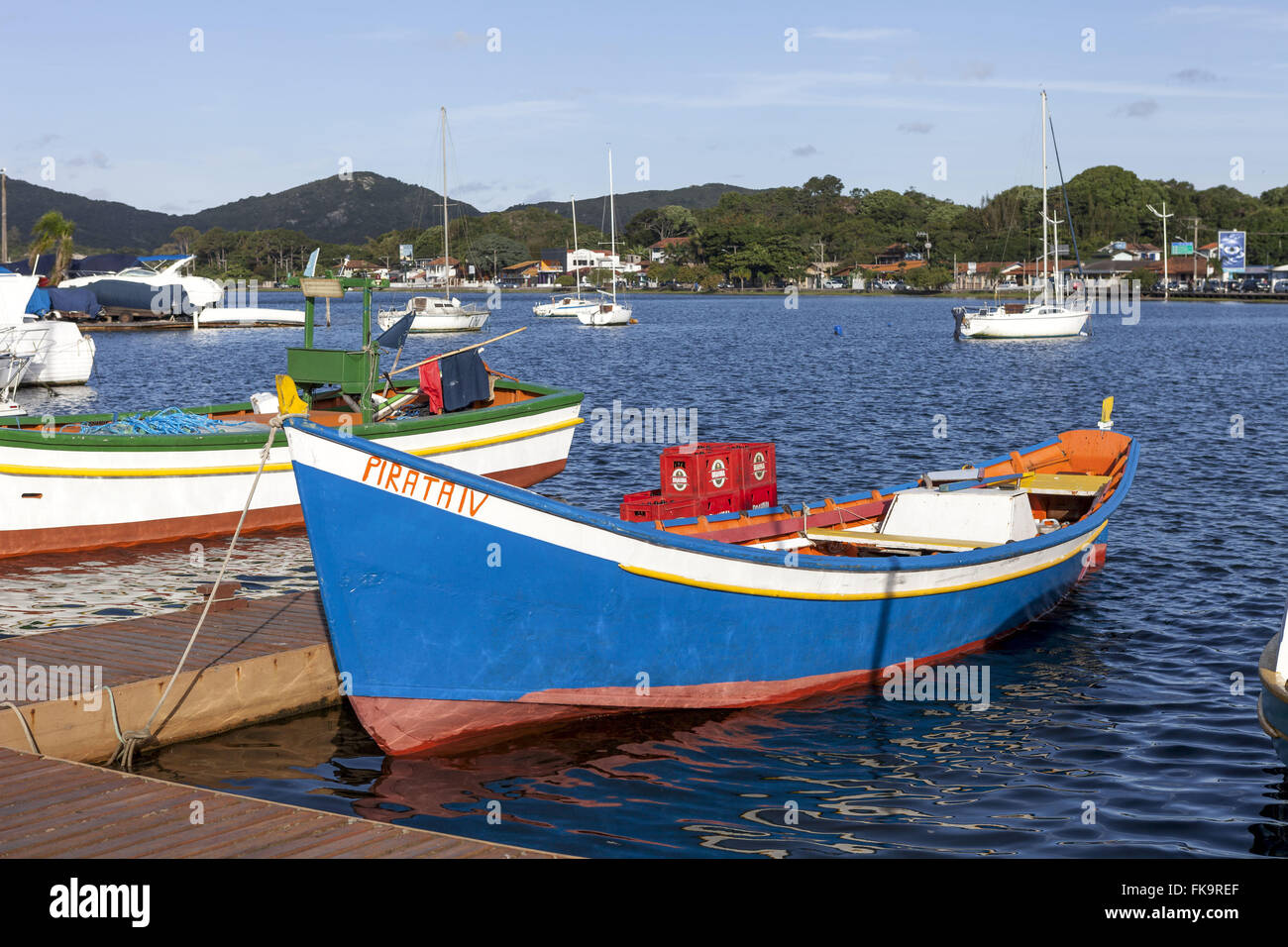 Fishing boats on the shore of Lagoa da Conceicao Stock Photo