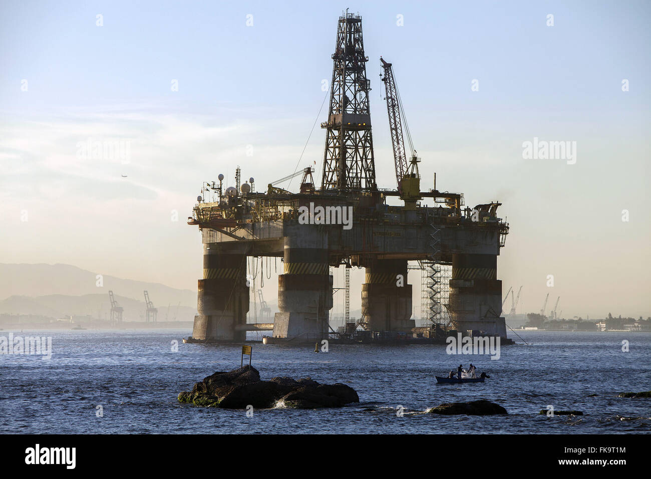 Oil platform in Guanabara Bay in the late afternoon Stock Photo