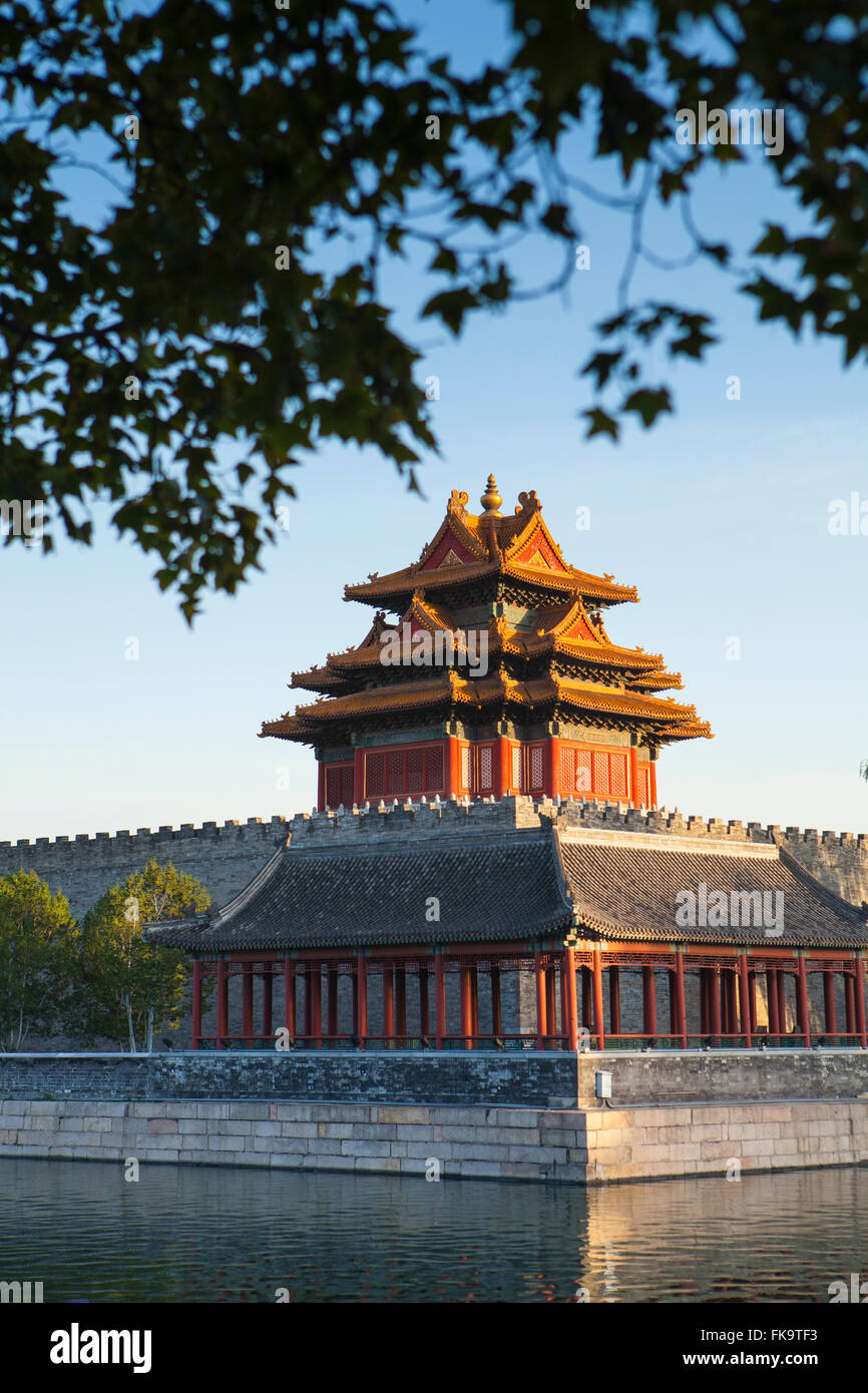Corner Tower and moat, The Forbidden City, Imperial Palace of the Ming and Qing dynasties, Beijing, China Stock Photo