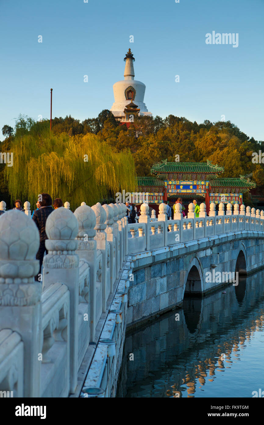 White Tower on Jade Flower Island, Round City, or City of Harmony, in Beihai Park, Beijing, China Stock Photo