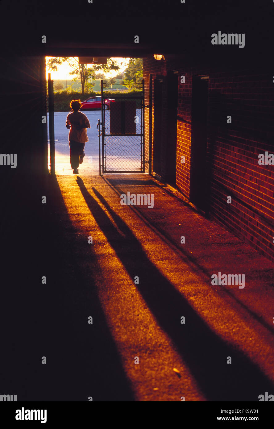 Sunset illuminates male runner leaving stadium track through tunnel Stock Photo