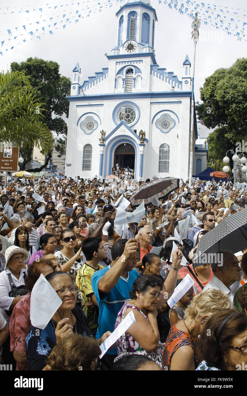 Crowd at the Mass of the Feast of Saint Benedict in front of the Church of Saint Benedict Stock Photo