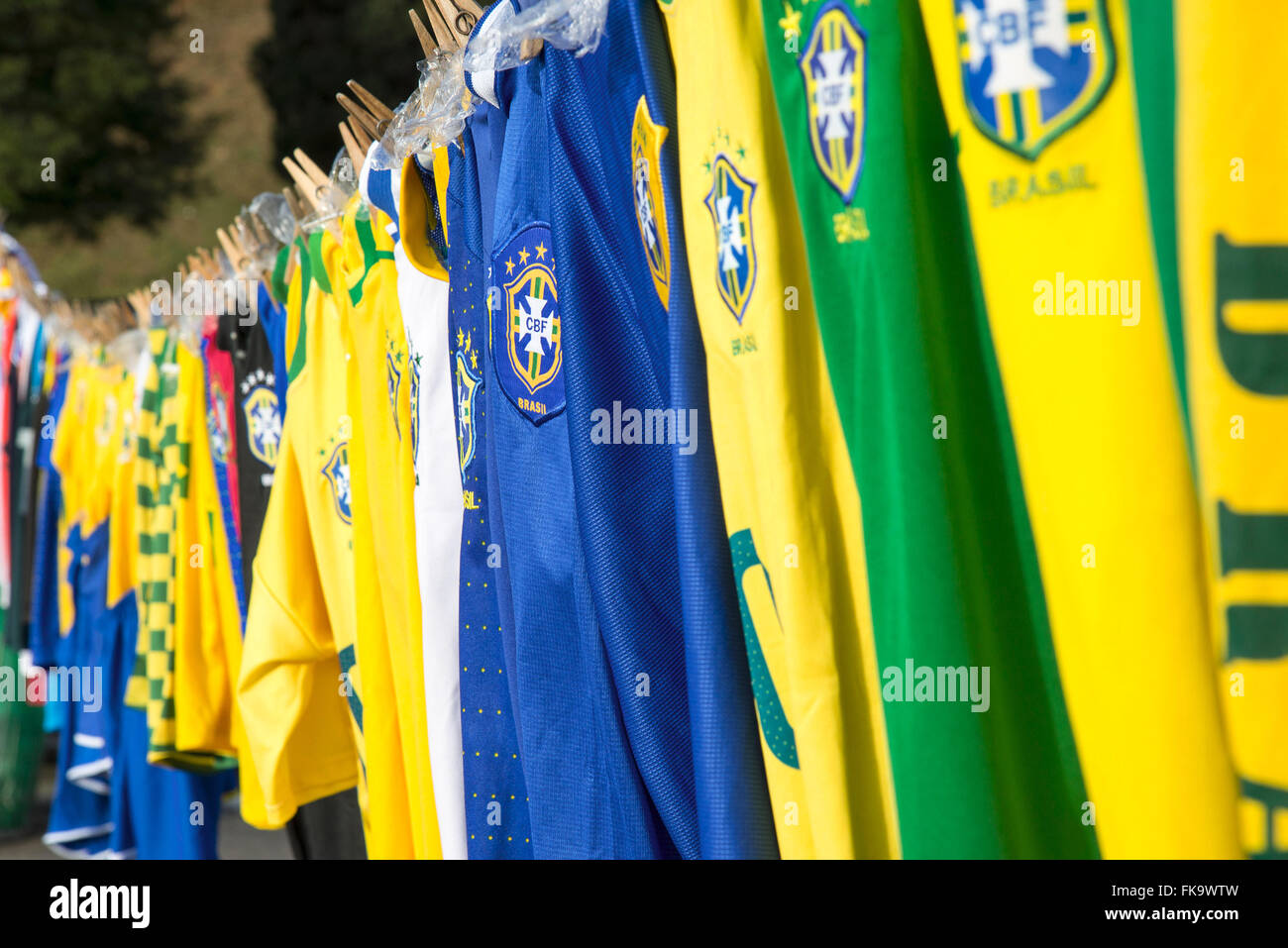 Sale of Brazilian selection of shirts in front of Estadio do Pacaembu during the World Cup Stock Photo