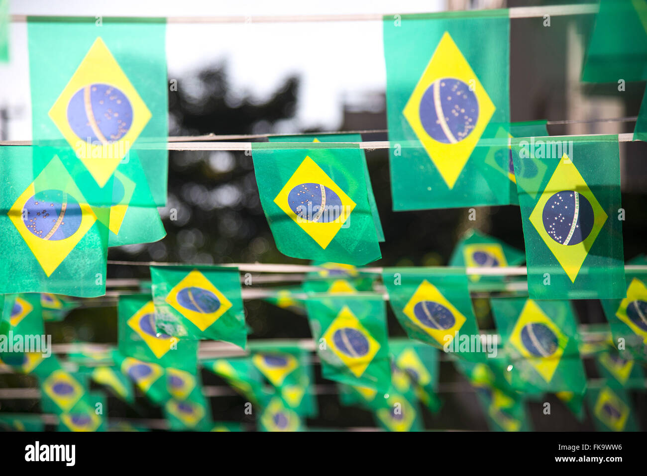 Brazil flags decorating street in Vila Madalena during the 2014 FIFA World Cup Stock Photo