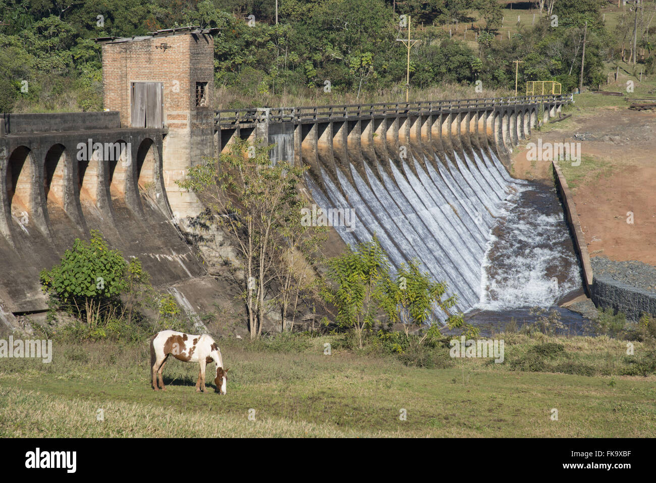 Horse grazing and spillway of the dam Patrimonio hydroelectric plant that supplies the city Stock Photo