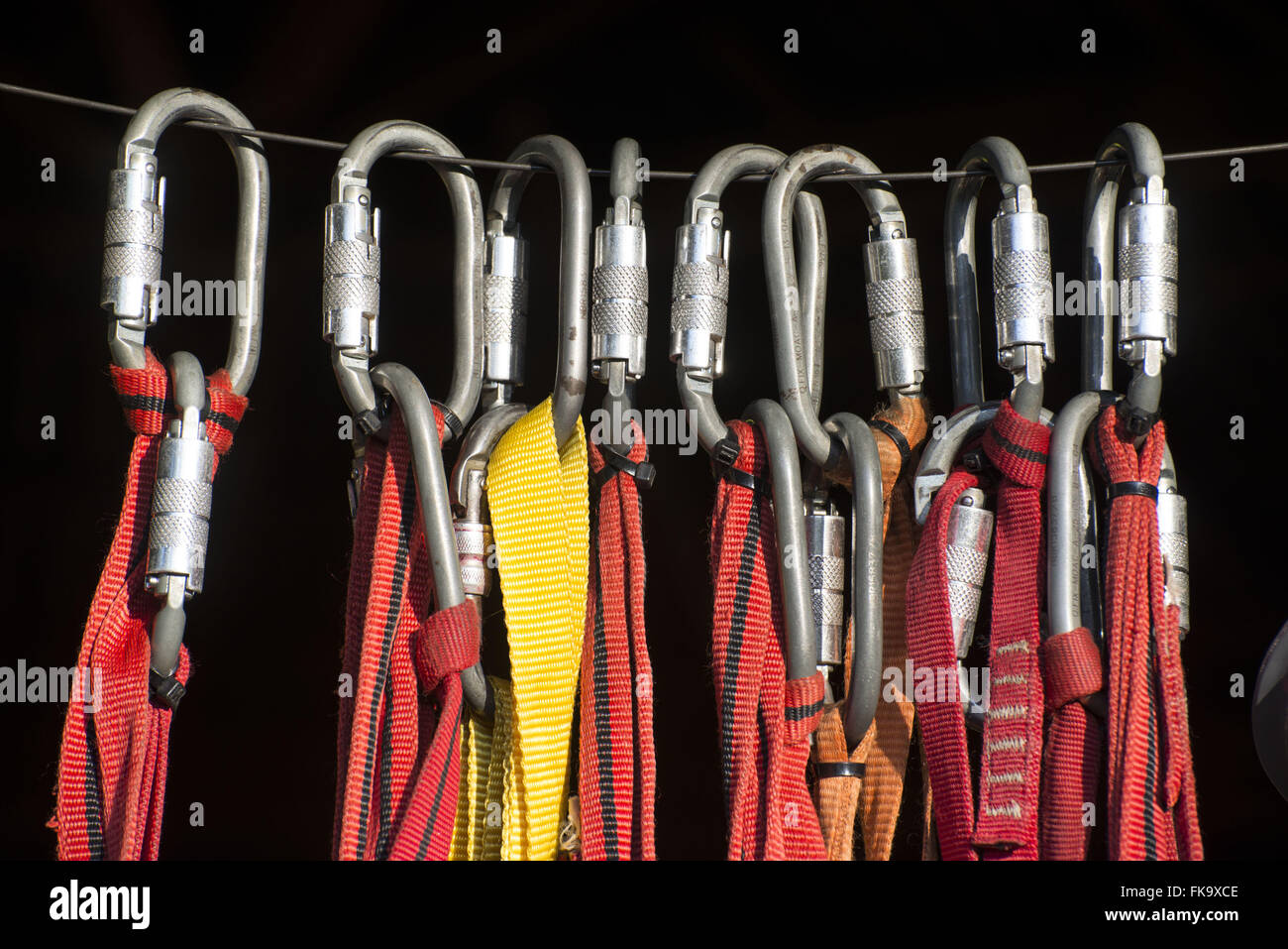 Close of carabiners used on the zipline Stock Photo Alamy