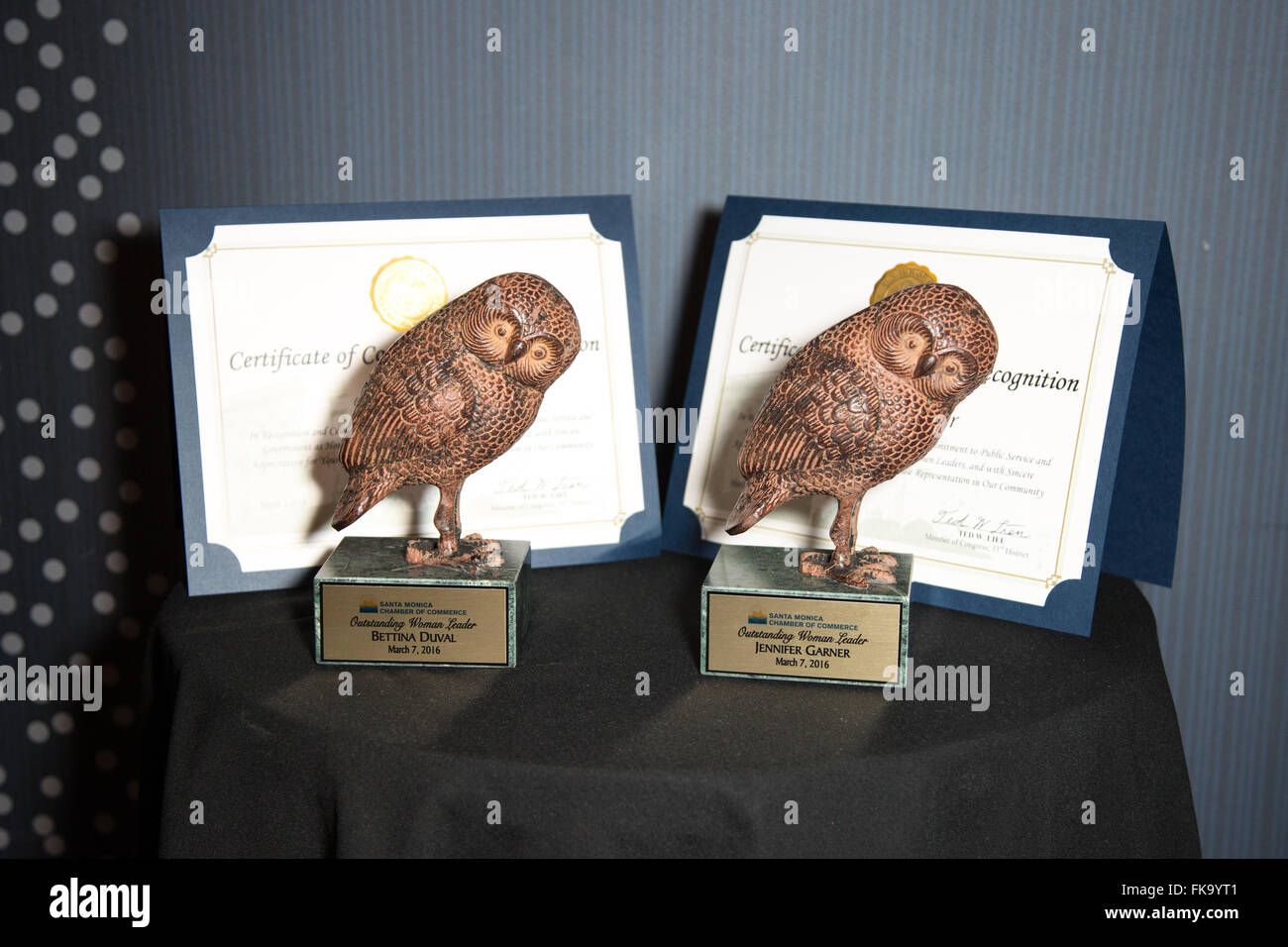 Santa Monica, California, USA. 7th March, 2016. The 'OWLIE' awards and certificates for Bettina Duval, president/founder of the CALIFORNIALIST, and Jennifer Garner, actress/philanthropist, on the presenter's table at the annual Santa Monica Chamber of Commerce's 'Organization for Women Leaders' (OWL) International Women's Day Breakfast at the Le Meridien Delfina Hotel in Santa Monica, California, USA. Duval and Garner were each honored with  an'OWLIE' award in recognition of their outstanding commitment and public service to the community.  Credit:  Sheri Determan/Alamy Live News Stock Photo
