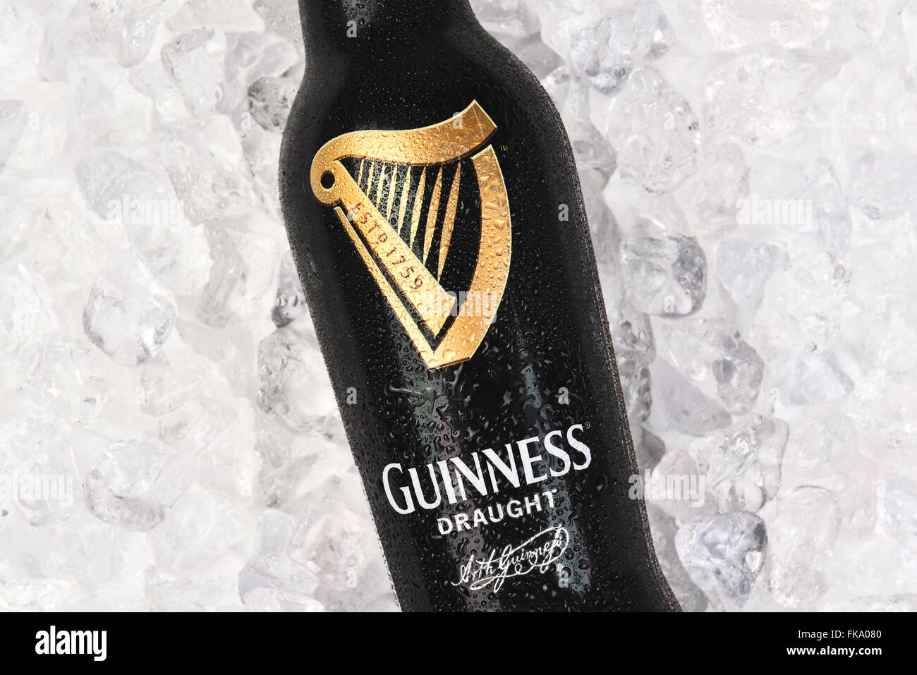 Closeup of a Guinness Draught Bottle on Ice. Horizontal format. Stock Photo