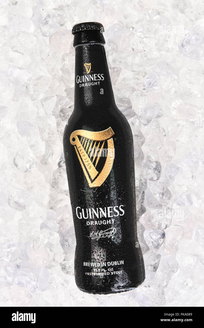 Closeup of a Guinness Draught Bottle on Ice. Vertical format. Stock Photo