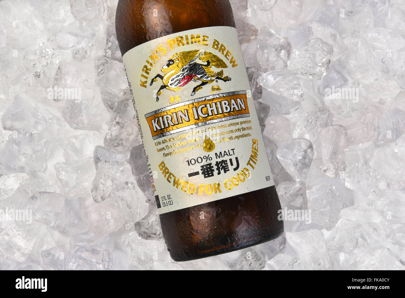 Kirin Ichiban Bottle on a bed of ice, Horizontal format closeup of hte label. Stock Photo