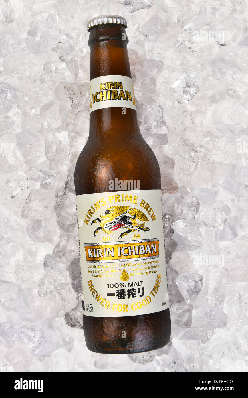 Kirin Ichiban Bottle on a bed of ice. Vertical format. Stock Photo