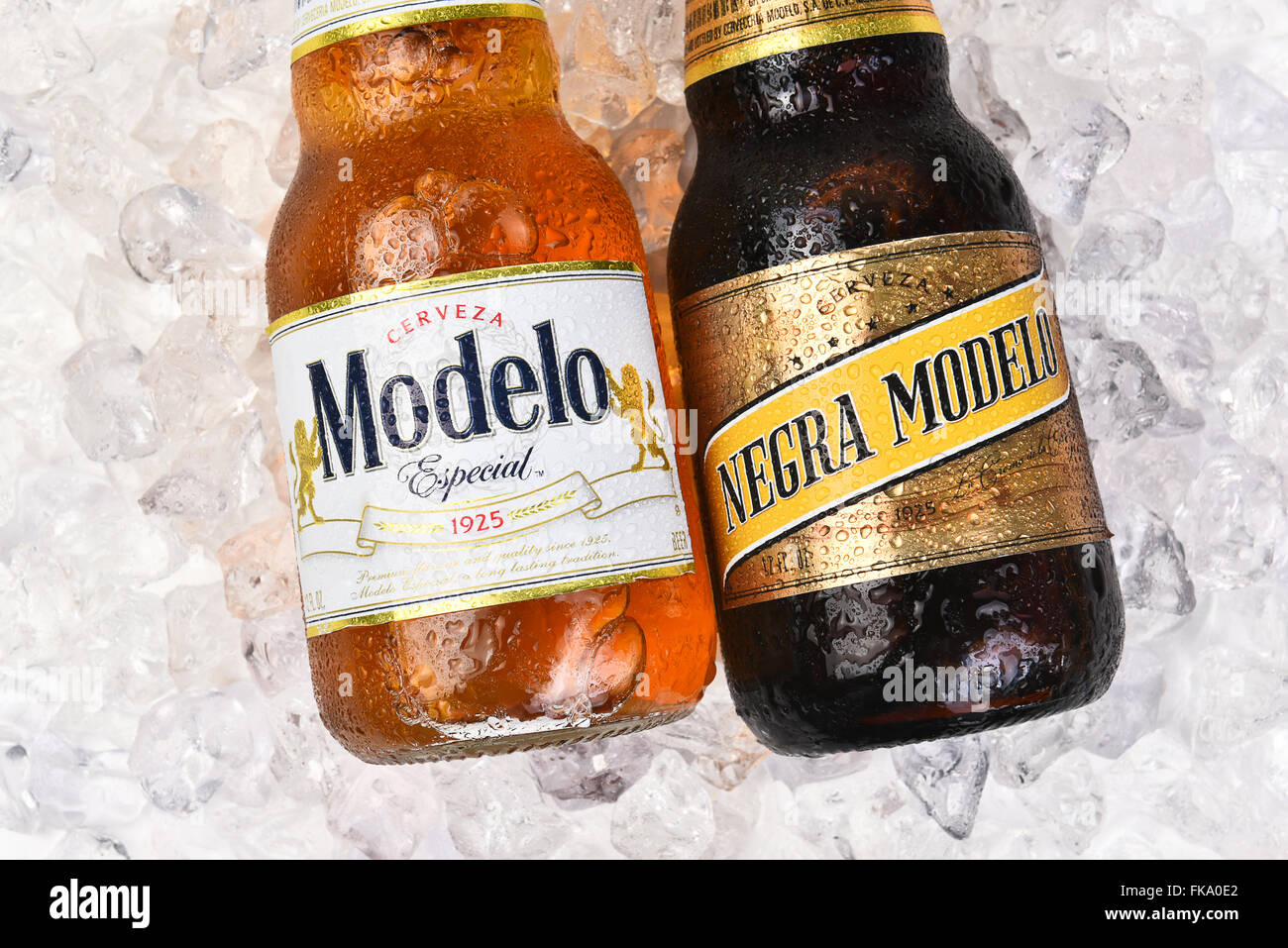 Two Modelo beer bottles on a bed of ice. Negra Modelo and Modelo Especial in horizontal format. Stock Photo
