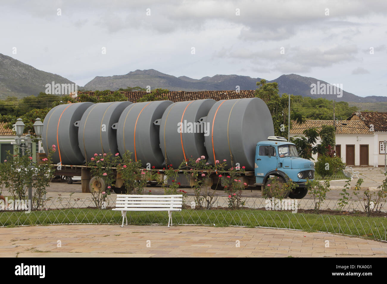 The truck with water tanks for All Program traveling in the city center Stock Photo