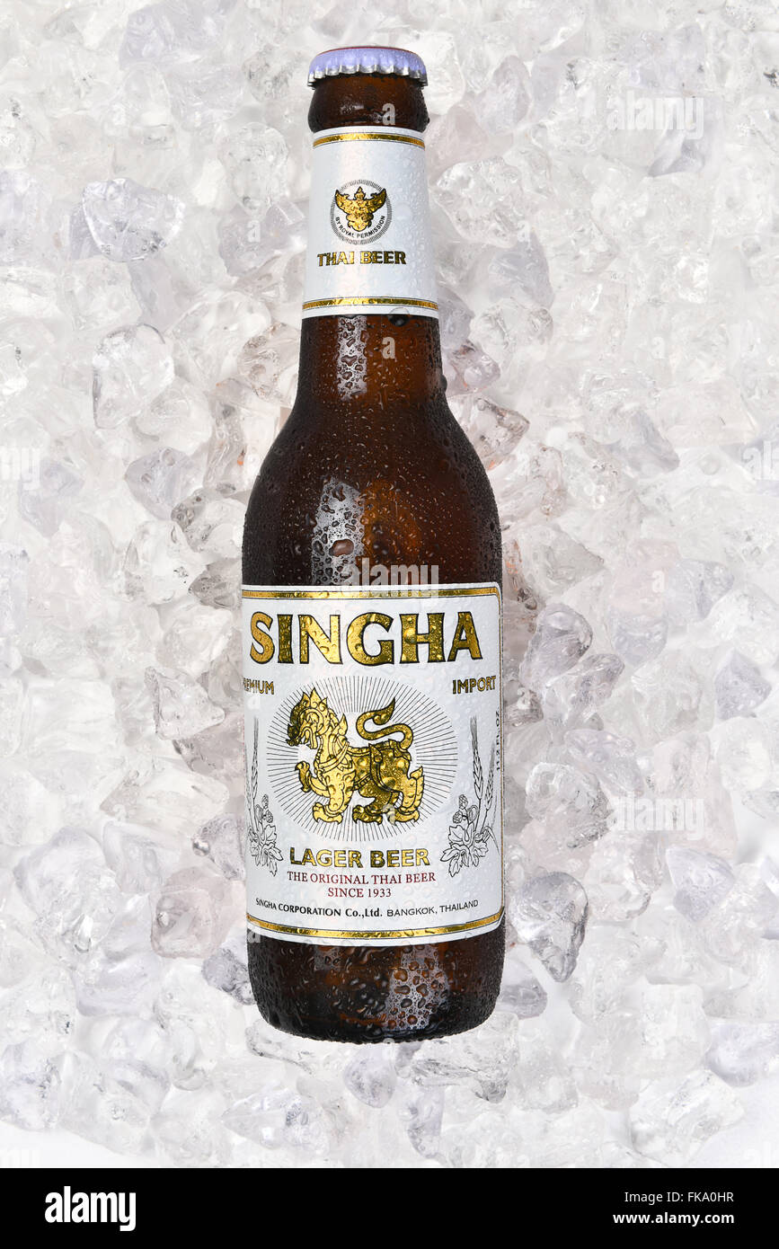 Singha Beer bottle on a bed of ice. Vertical format. Stock Photo