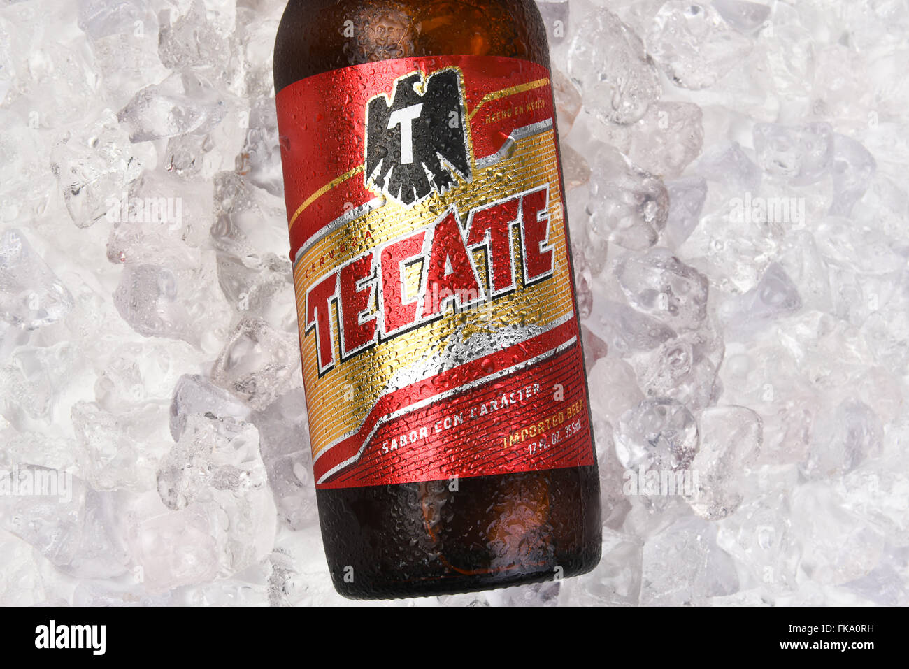 Tecate Beer Bottle on a bed of ice, Horizontal format closeup of the label. Stock Photo