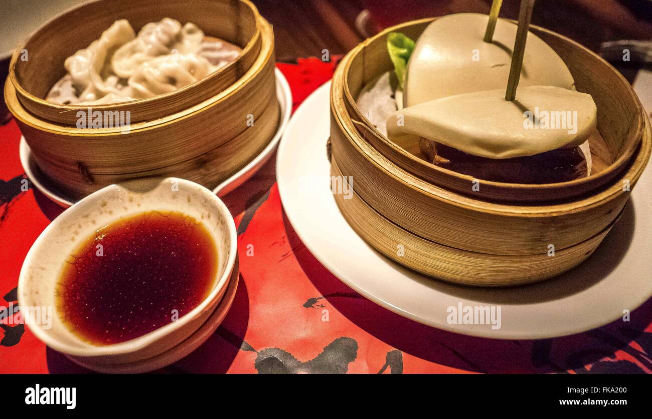 Orlando, FL, USA. 3rd Feb, 2016. A steamed porkbelly pork bun is a