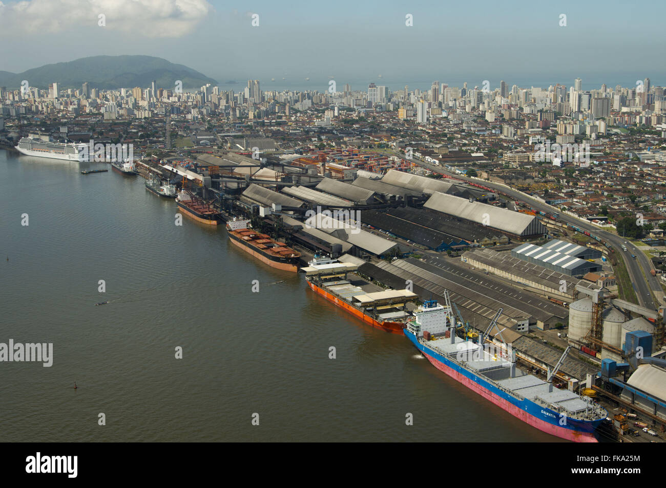 Aerial view of the Port of Santos with the city in the background Stock Photo