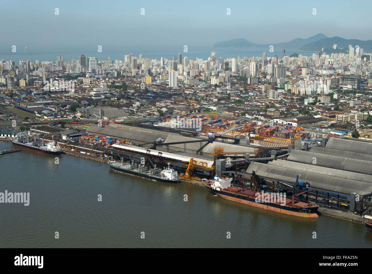 Aerial view of the Port of Santos with the city in the background Stock Photo