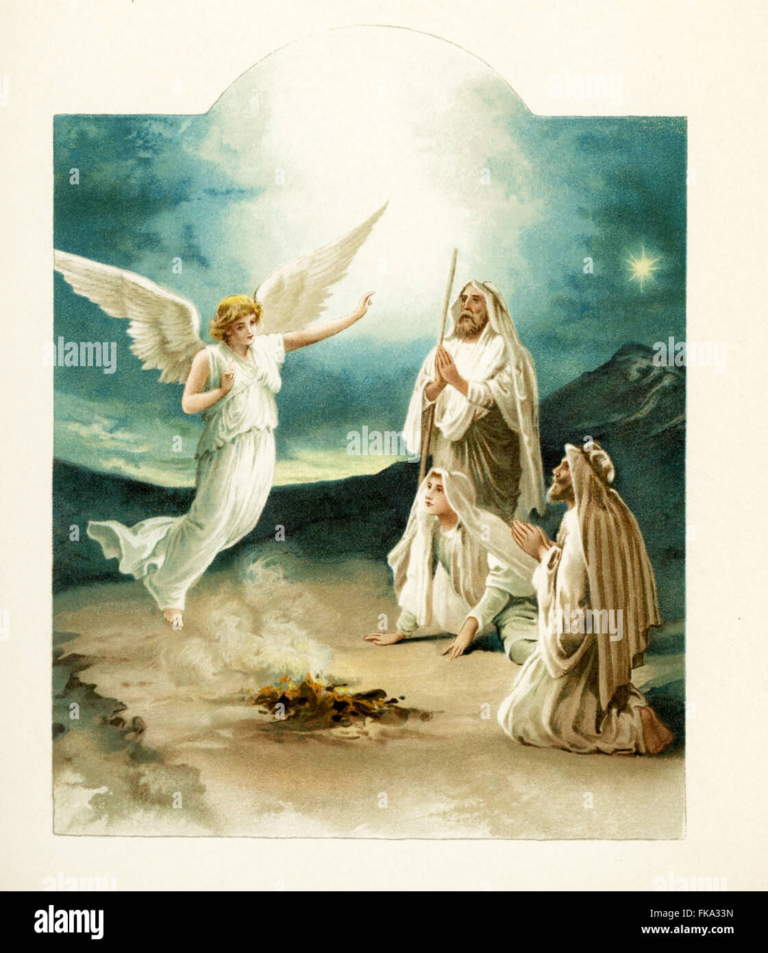 The caption for this illustration reads: 'And these were in the same country shepherds abiding in the field, keeping watch over their flock by night.' The Christian religion celebrates the birth of Jesus Christ, the central figure of the religion, on December 25. The birth is often referred to as 'the Nativity' and the three main figures are Jesus, his mother Mary, and Mary's husband Joseph. In this 19th century depiction, an angel is shown telling shepherds to honor Jesus, who is lying in a manger.  The shepherds are shown with their sheep  and the star of Bethlehem lighting  up the sky. Stock Photo