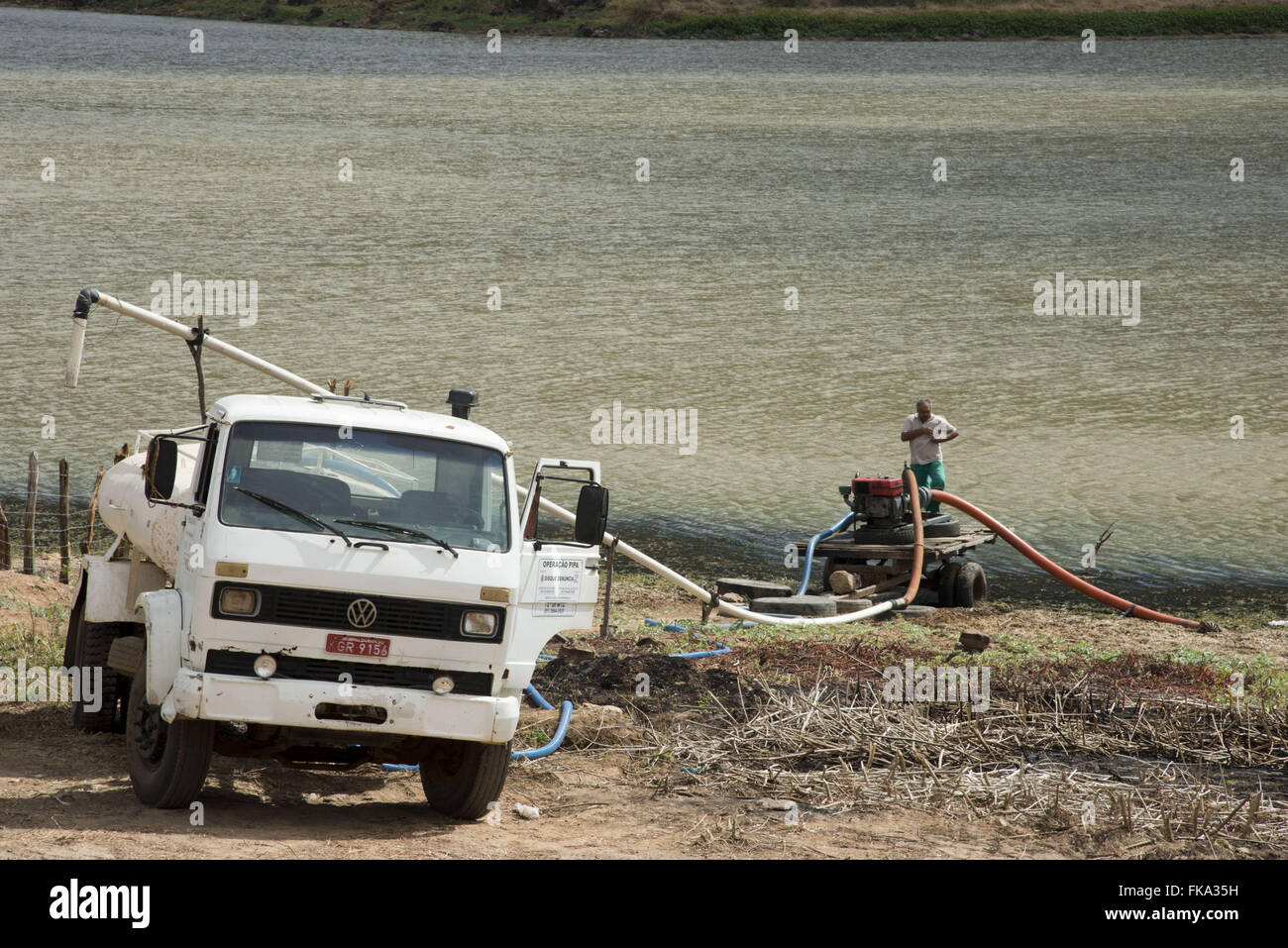 Water truck filling up water in Acude waterfall to supply villages of