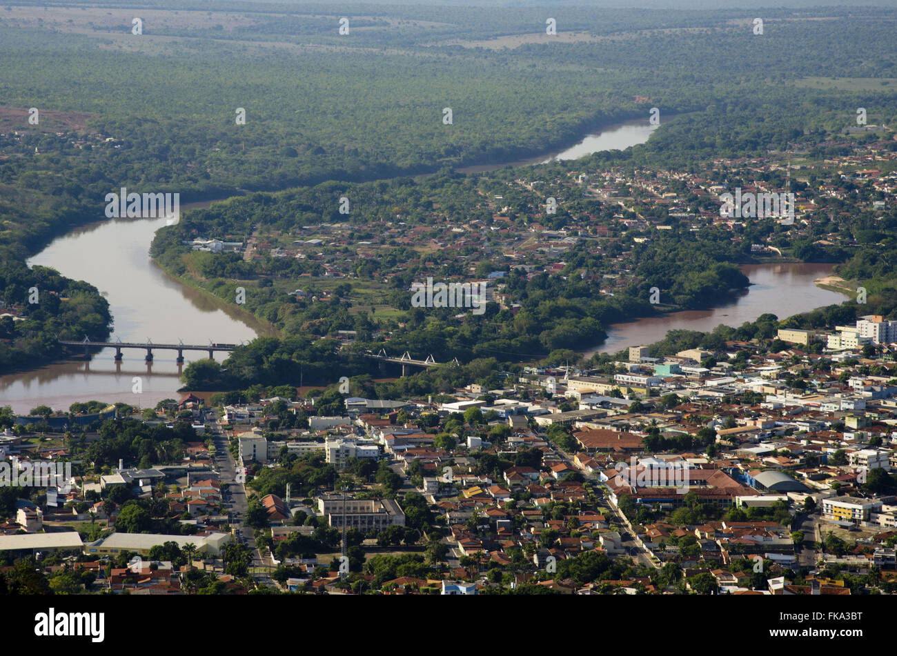 View of the city bathed by the Araguaia rivers in central and herons in the center right Stock Photo